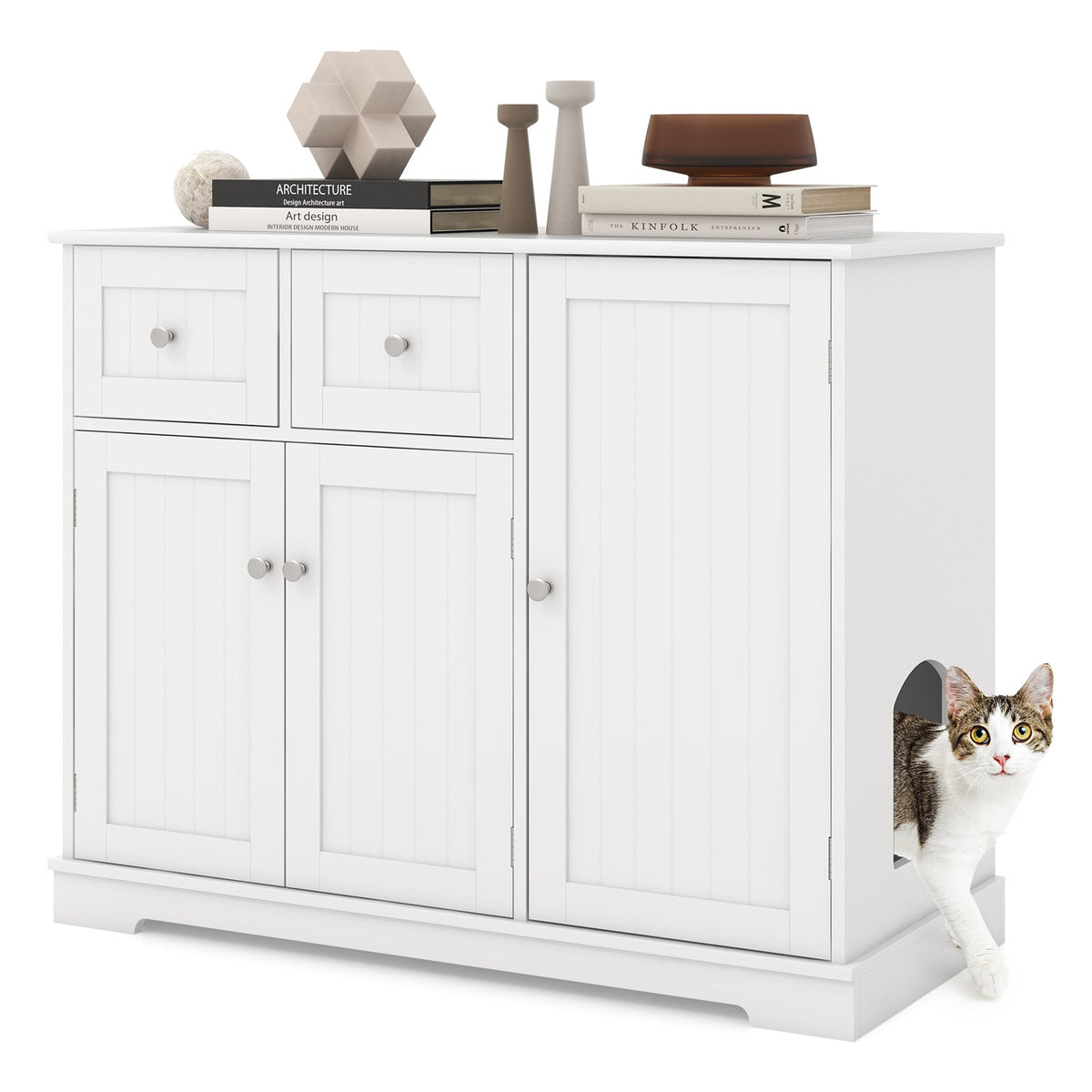 Cat Litter Box Enclosure with 2 Drawers and 3 Doors for Kittens and Adult Cats-White