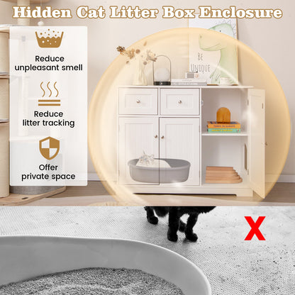 Cat Litter Box Enclosure with 2 Drawers and 3 Doors for Kittens and Adult Cats-White