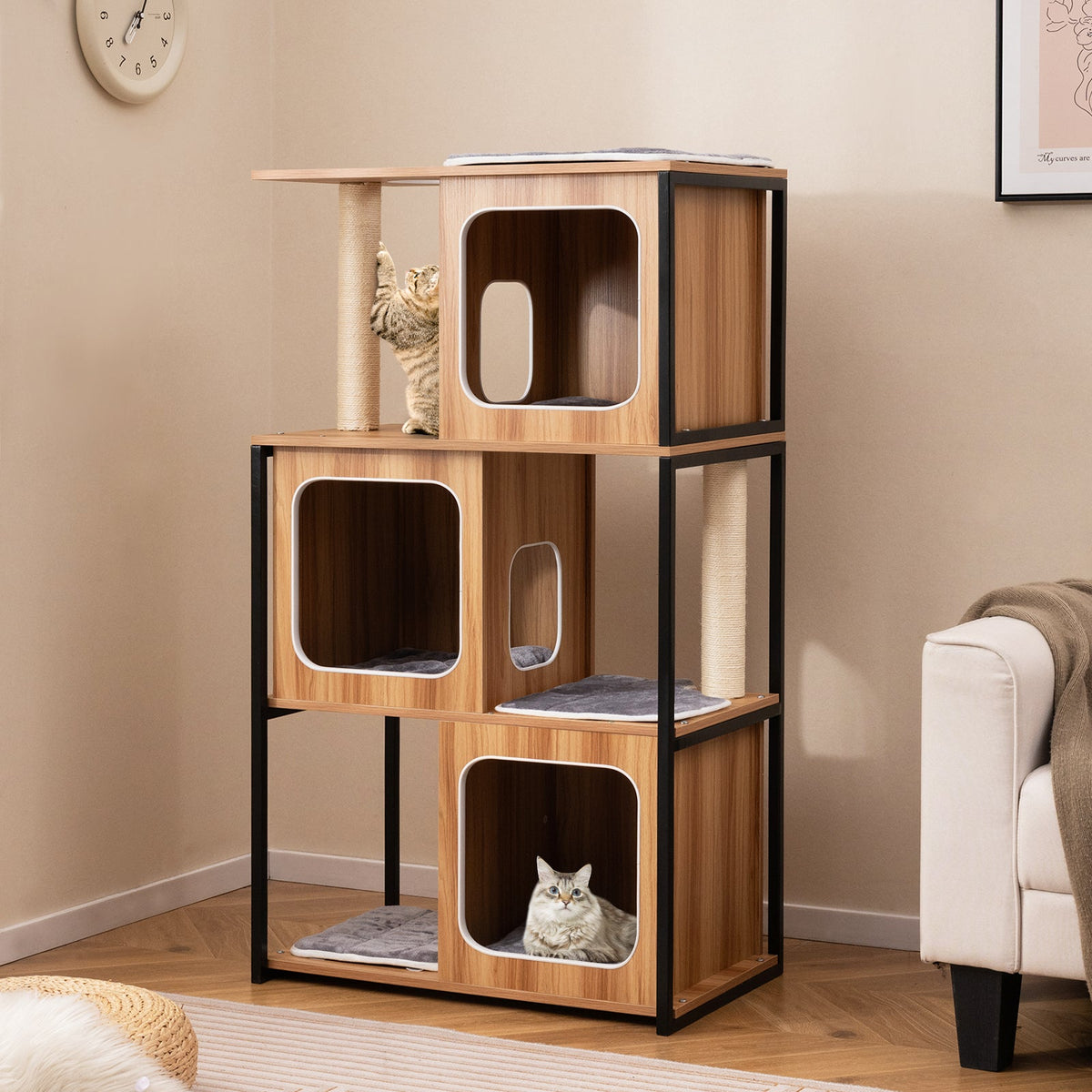 Modern Cat Tree Cat House with Metal Frame and Scratching Posts-Natural