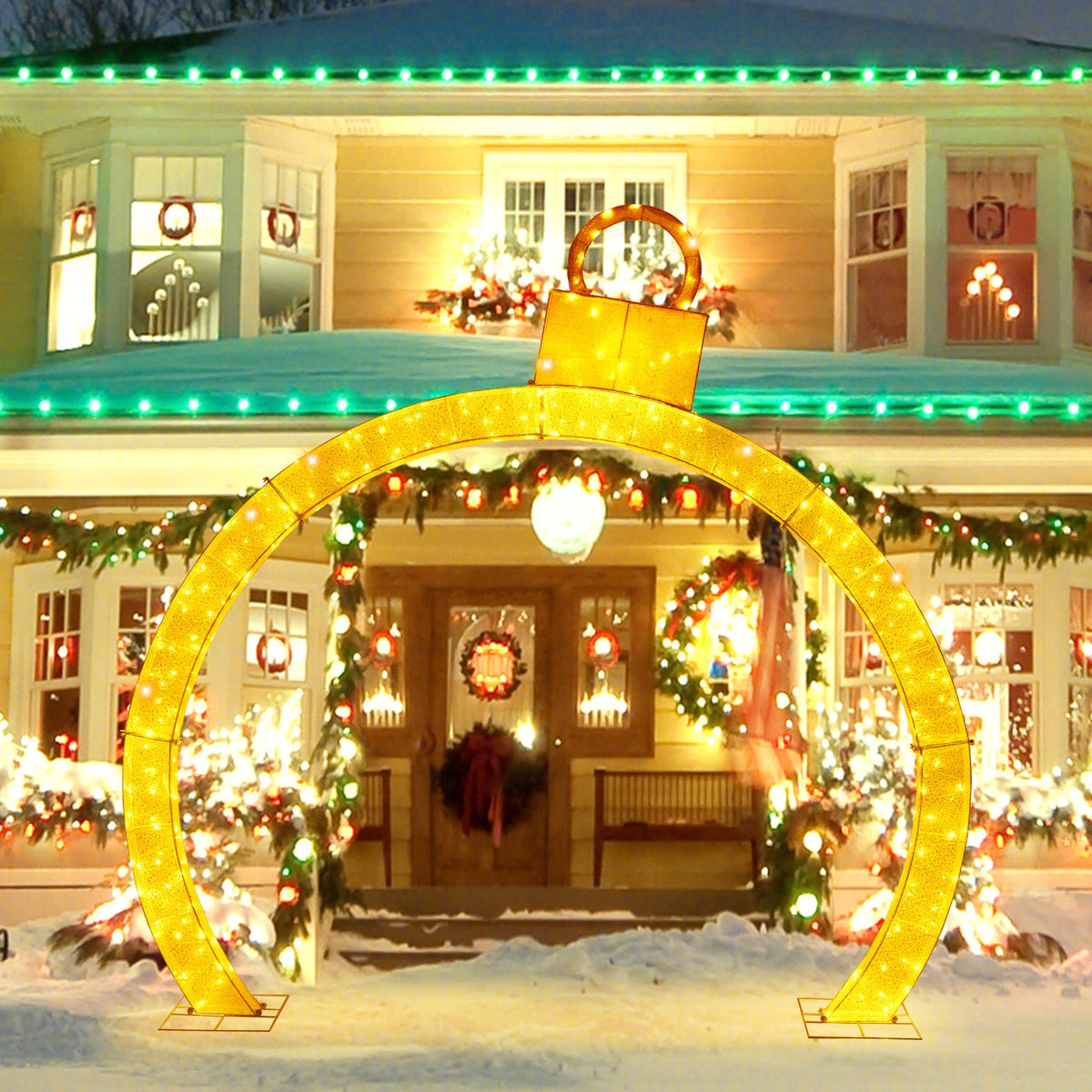 10.5 Feet Christmas Pre-Lit Arch with Gold Ornament Cap and 300 Warm White LED Lights