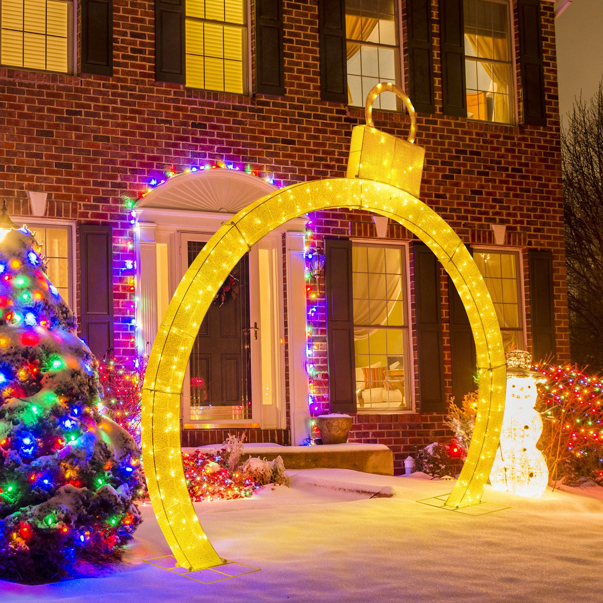 10.5 Feet Christmas Pre-Lit Arch with Gold Ornament Cap and 300 Warm White LED Lights