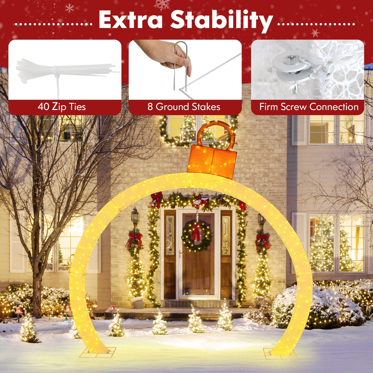 10.5 Feet Christmas Pre-Lit Arch with Gold Ornament Cap and 300 Warm White LED Lights