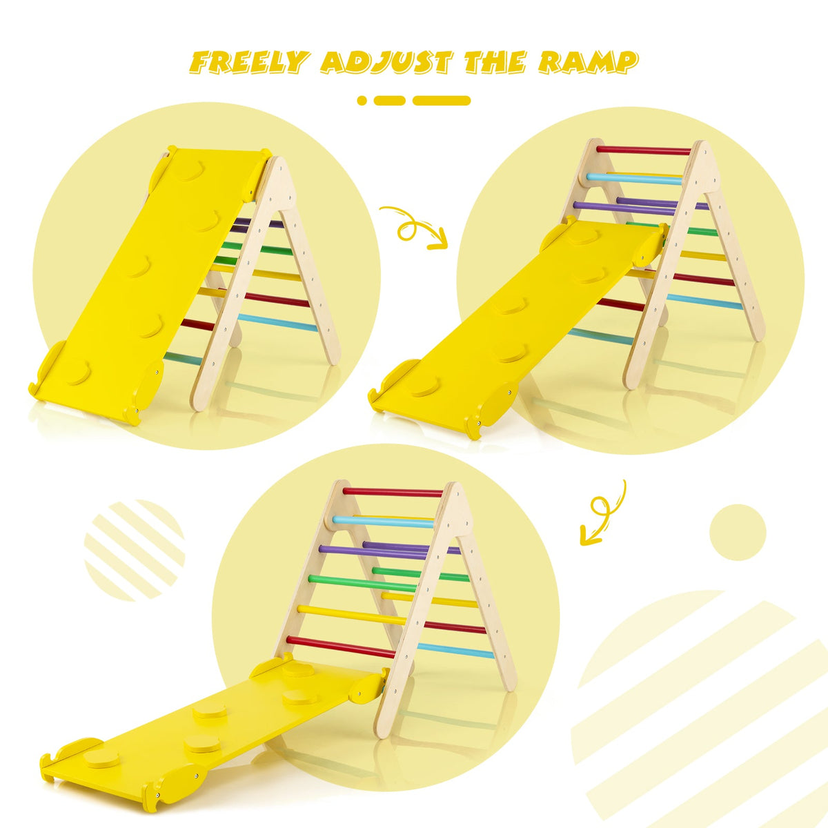 3-in-1 Wooden Climbing Triangle Set Triangle Climber with Ramp-Multicolor