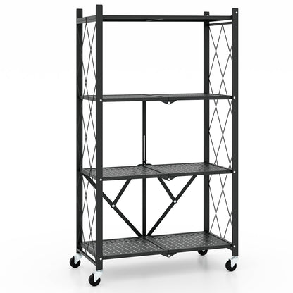 4-Tier Foldable Storage Shelf Collapsible Storage Rack with Lockable Wheels-Black