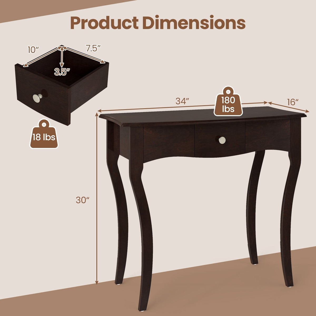 Console Table with Drawer and Solid Wood Frame-Espresso