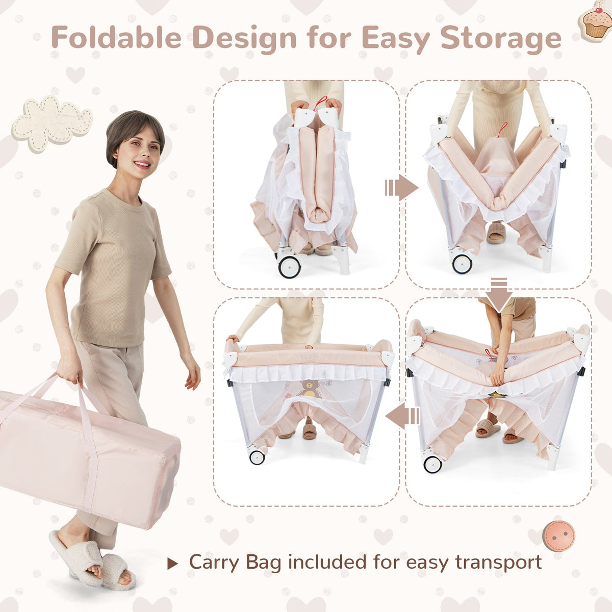 Convertible Bassinet with Removable Changing Table and Detachable Mesh Net-Pink