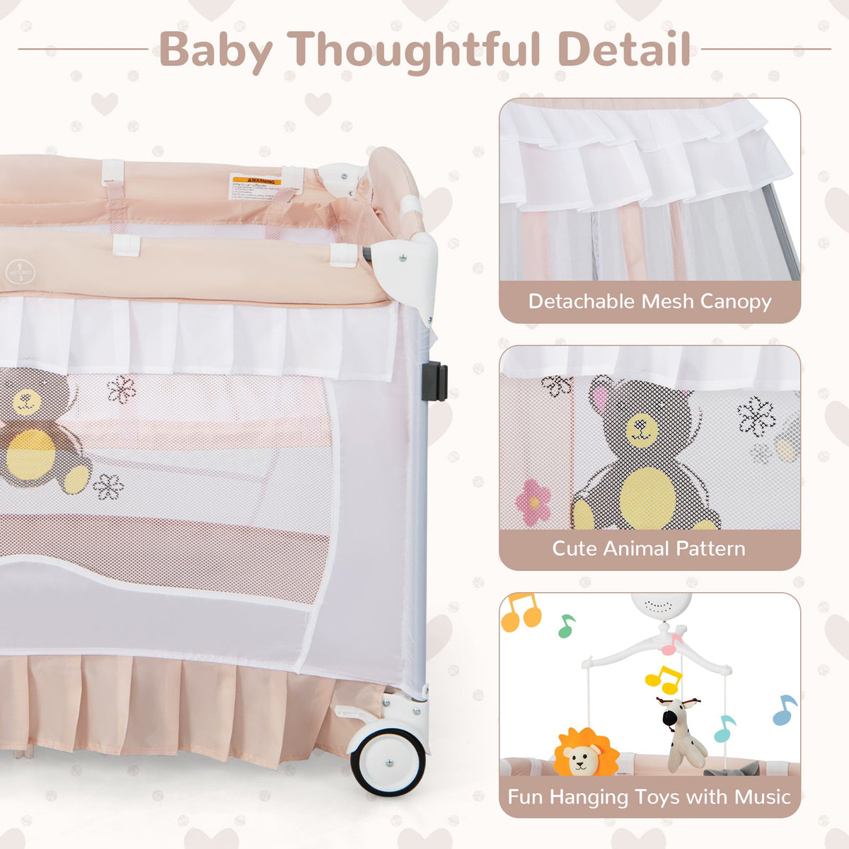 Convertible Bassinet with Removable Changing Table and Detachable Mesh Net-Pink