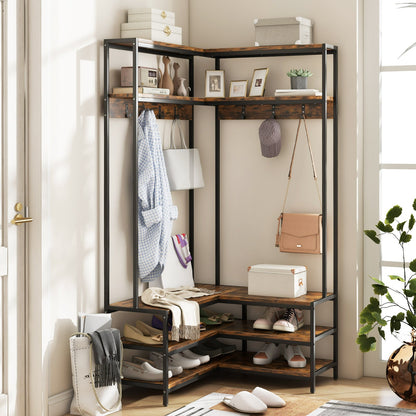 Corner Garment Rack with Open Shelves and 7 Hooks Shoe Bench