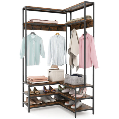 Corner Garment Rack with Open Shelves and 7 Hooks Shoe Bench