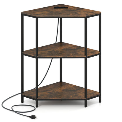 Corner Printer Stand 3-Tier Corner Shelf with Charging Station and Metal Frame-Rustic Brown