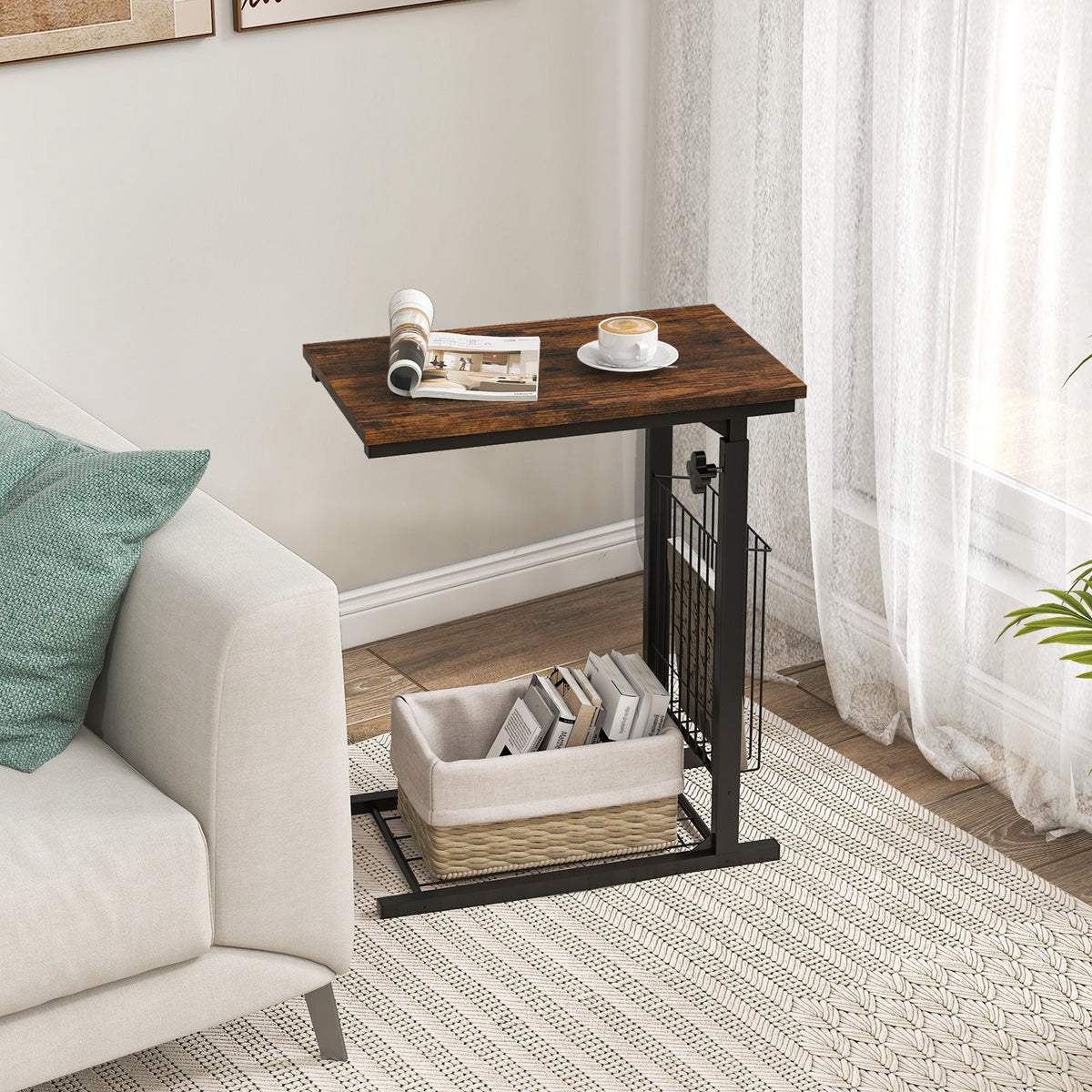 C-shape Sofa Side Table with Storage Basket-Rustic Brown