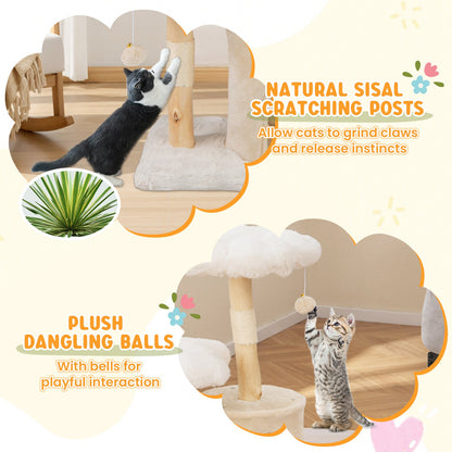 Cute Solid Wood Cat Tree Natural Branch Modern Flower Cat Tower with Sisal Scratching Posts-Beige