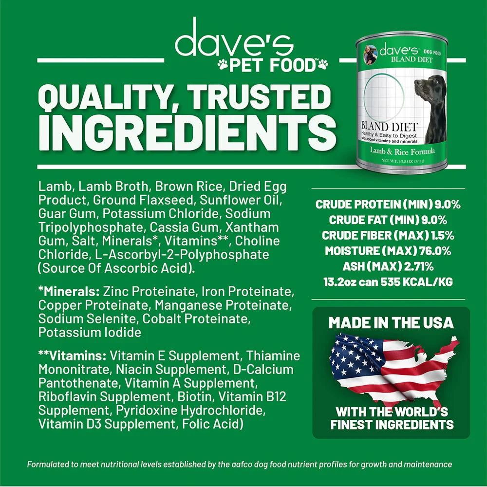 Dave's Restricted Diet Bland for Dogs – Lamb & Rice Formula (13.2oz)
