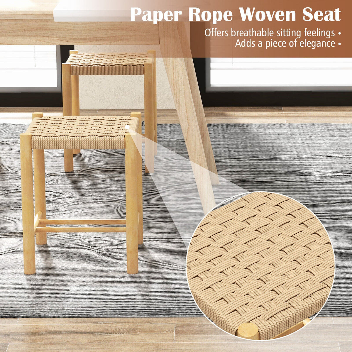 Dining Stool Set of 2 with Rubber Wood Frame-Natural