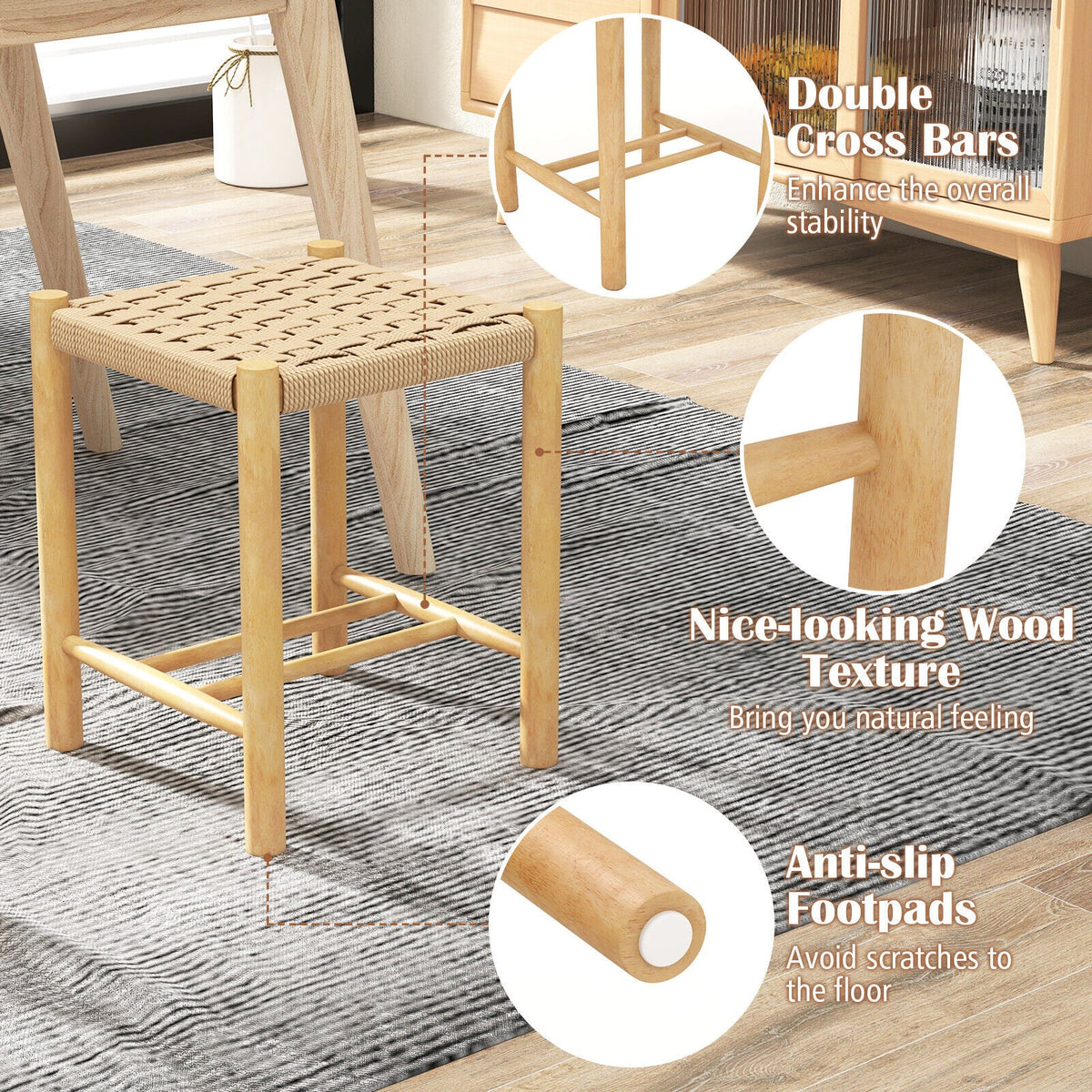 Dining Stool Set of 2 with Rubber Wood Frame-Natural