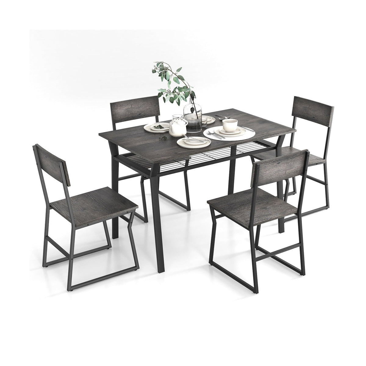 5 Piece Dining Table Set with Storage Rack and Metal Frame