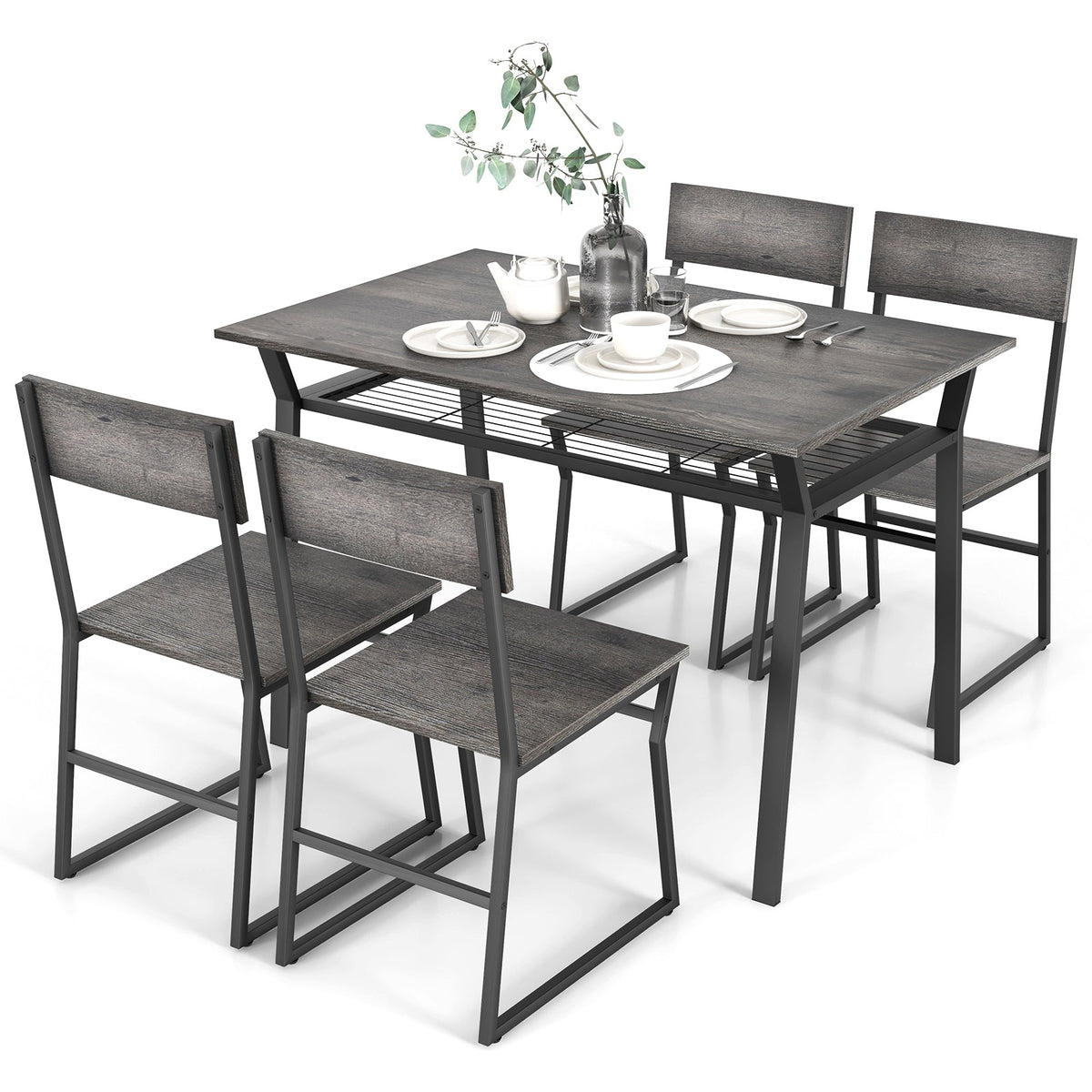 5 Piece Dining Table Set with Storage Rack and Metal Frame