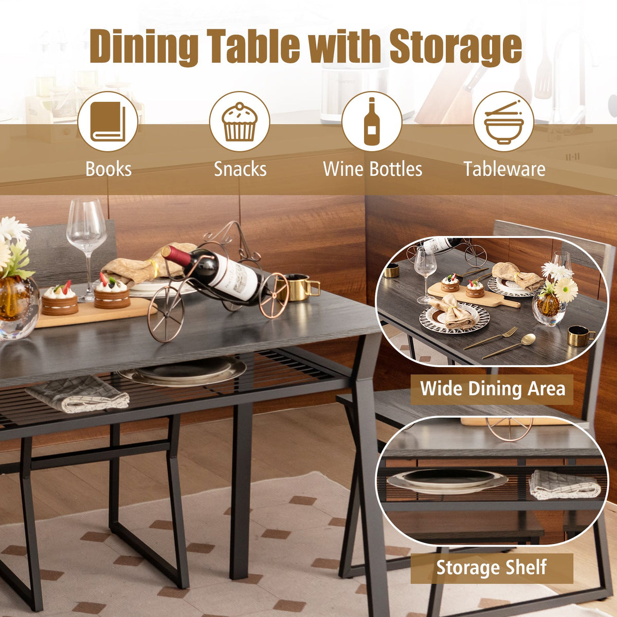 5 Piece Dining Table Set with Storage Rack and Metal Frame