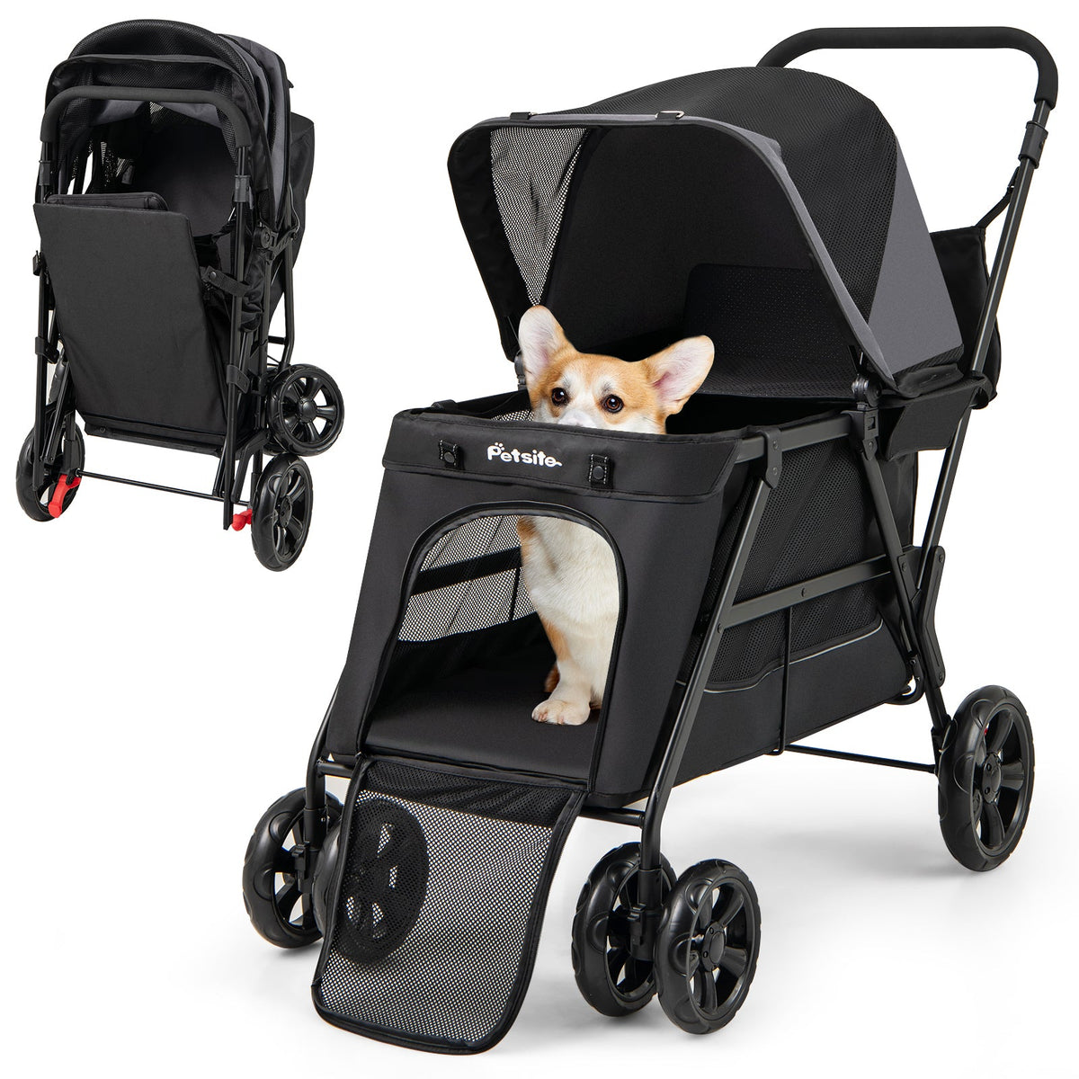 Dog Stroller for Medium Small Senior Elderly Dogs with Dual Entry-Black
