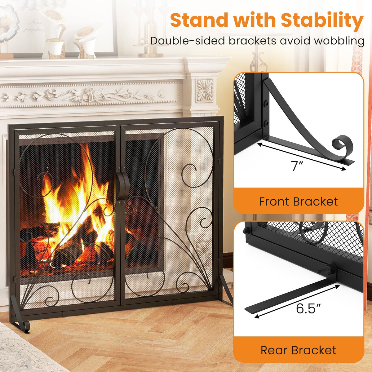 38 x 31 Inch Double Door Fireplace Screen-Black