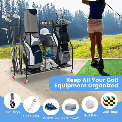 Double Golf Bag Rack with Removable Golf Club Stand and Wheels-Black