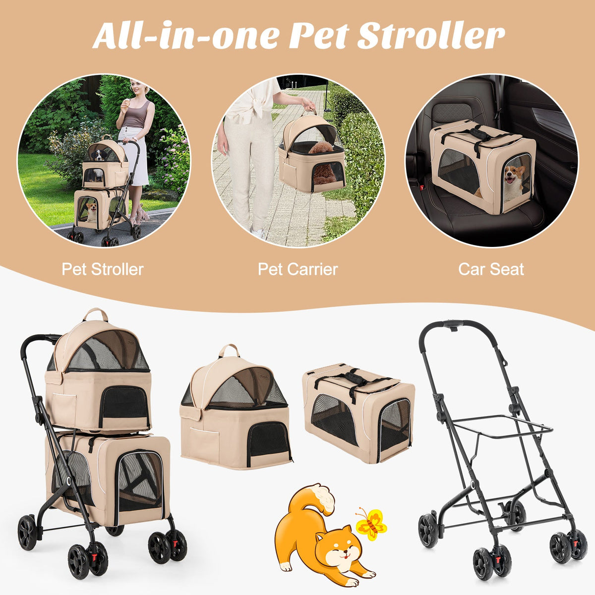 Double Pet Stroller Foldable 3-in-1 Dog Stroller with 2 Detachable Carriers-Beige