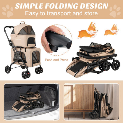 Double Pet Stroller Foldable 3-in-1 Dog Stroller with 2 Detachable Carriers-Beige