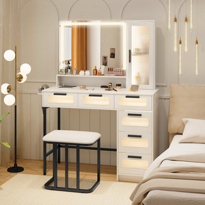 Makeup Vanity Dressing Table and Stool Set with Lights and Charging Station-White