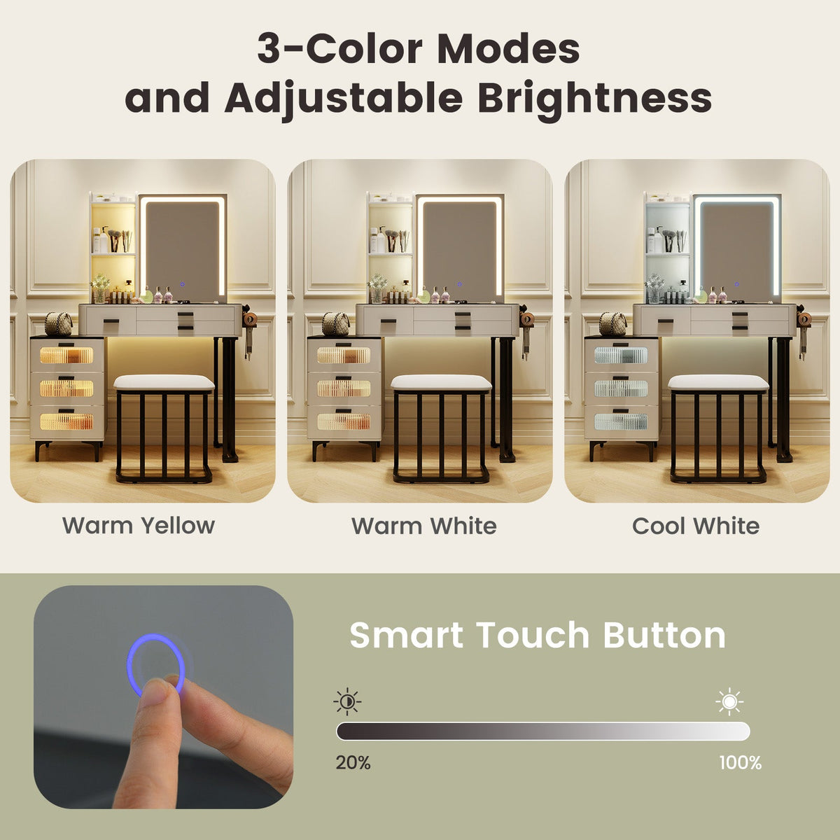 Makeup Vanity Dressing Table and Stool Set with Mirror and 3-Color LED Lights-White