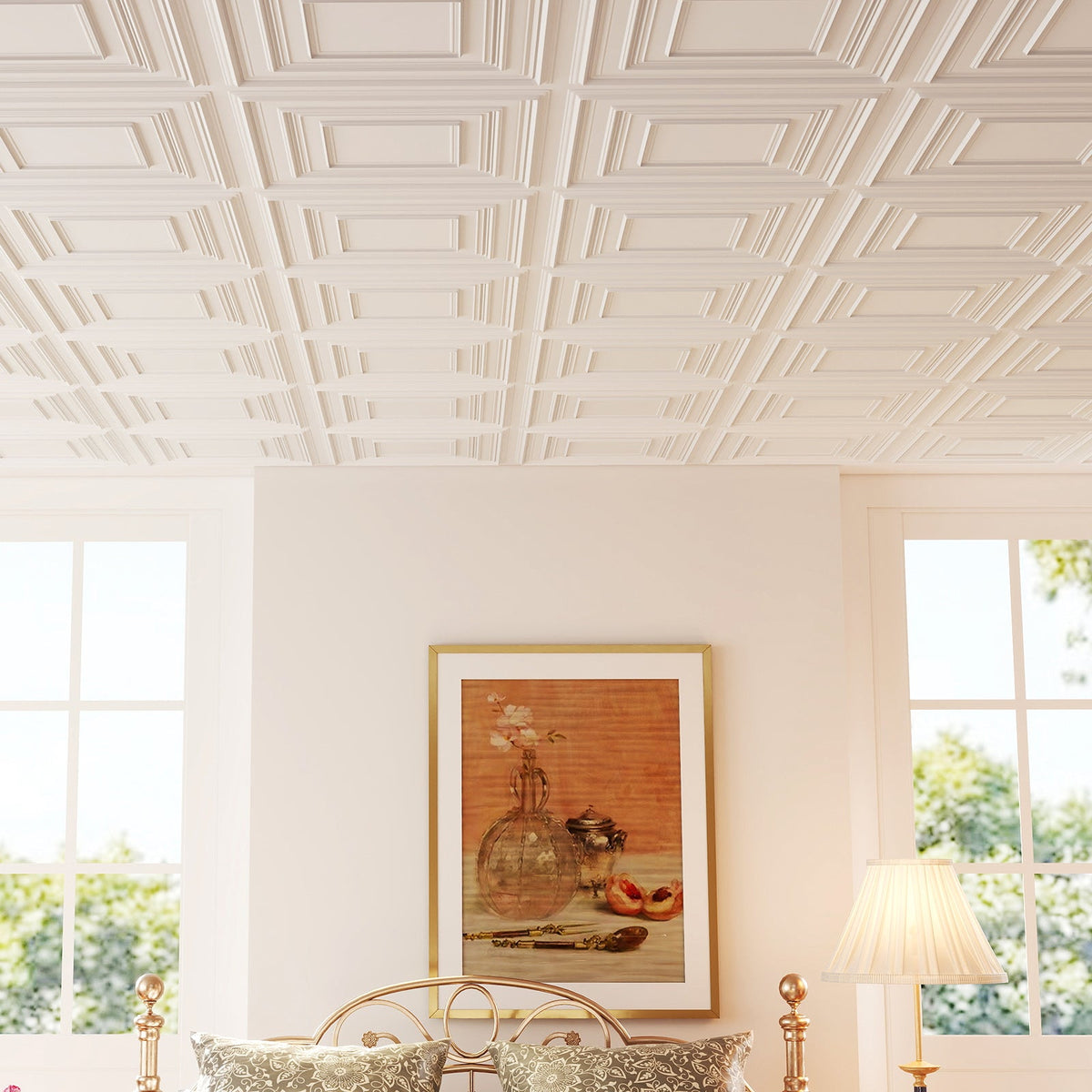 Drop Ceiling Tiles 24" x 24" PVC Ceiling Panels with 3D Decorative Patterns 12-Pack-White