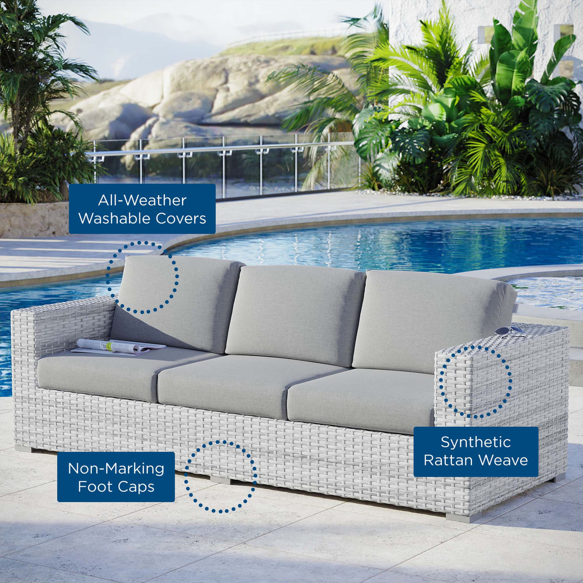 Convene Outdoor Patio Sofa by Modway - Light Gray Gray / Light Gray Navy / Light Gray White