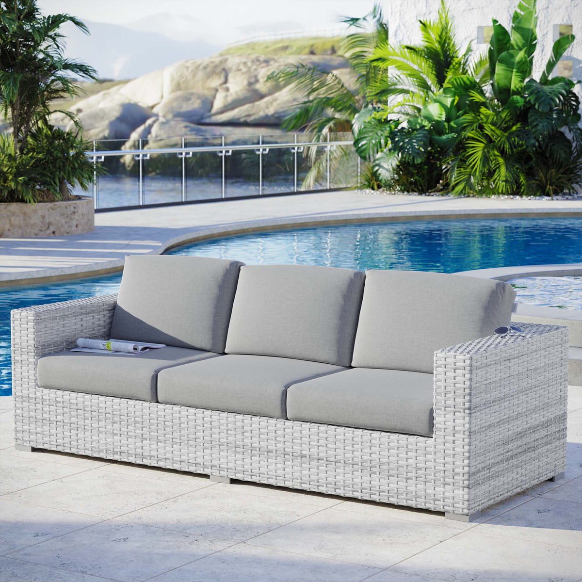 Convene Outdoor Patio Sofa by Modway - Light Gray Gray / Light Gray Navy / Light Gray White