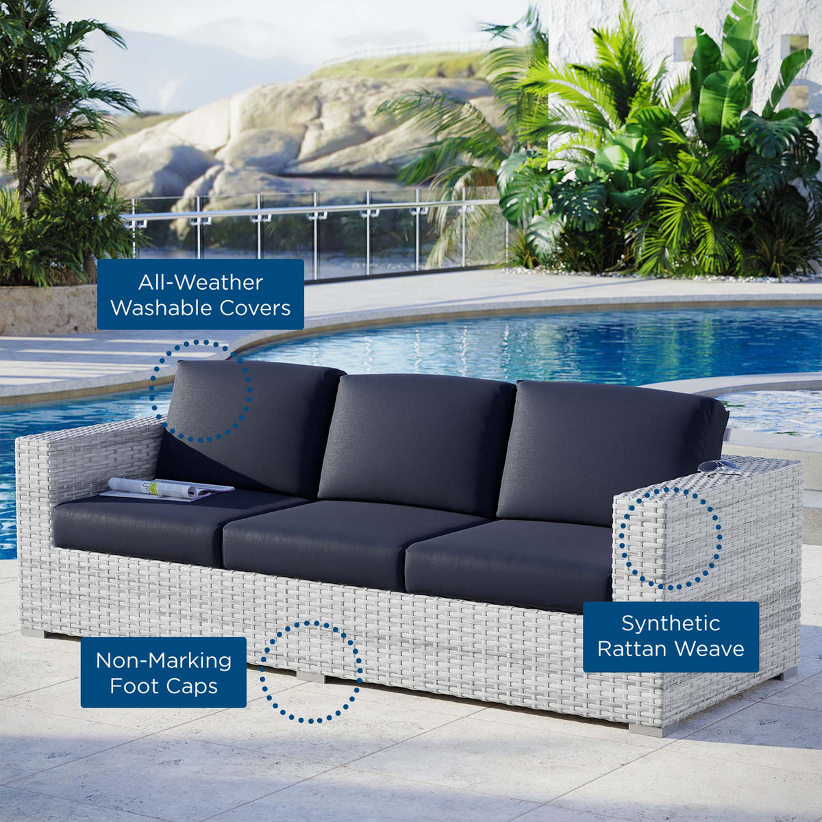 Convene Outdoor Patio Sofa by Modway - Light Gray Gray / Light Gray Navy / Light Gray White