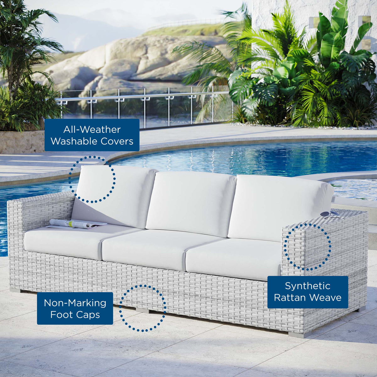 Convene Outdoor Patio Sofa by Modway - Light Gray Gray / Light Gray Navy / Light Gray White