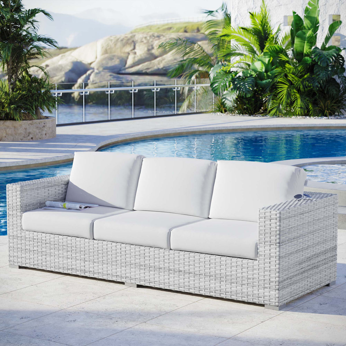 Convene Outdoor Patio Sofa by Modway - Light Gray Gray / Light Gray Navy / Light Gray White