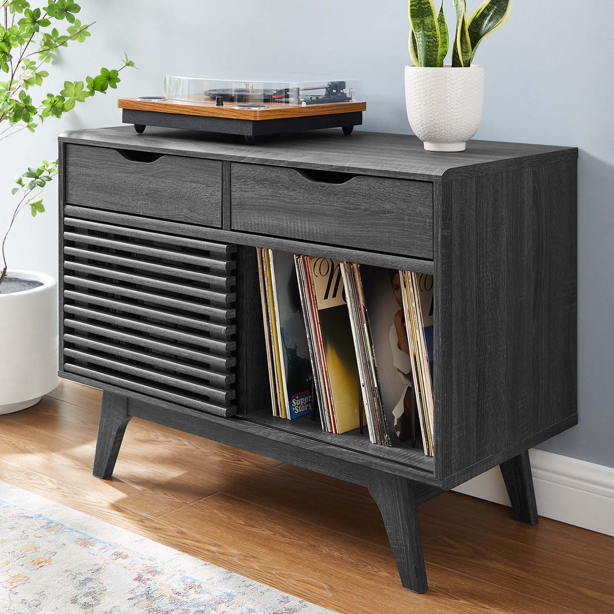 Render Vinyl Record Display Stand by Modway - Charcoal / Oak / Walnut (EEI-4323)