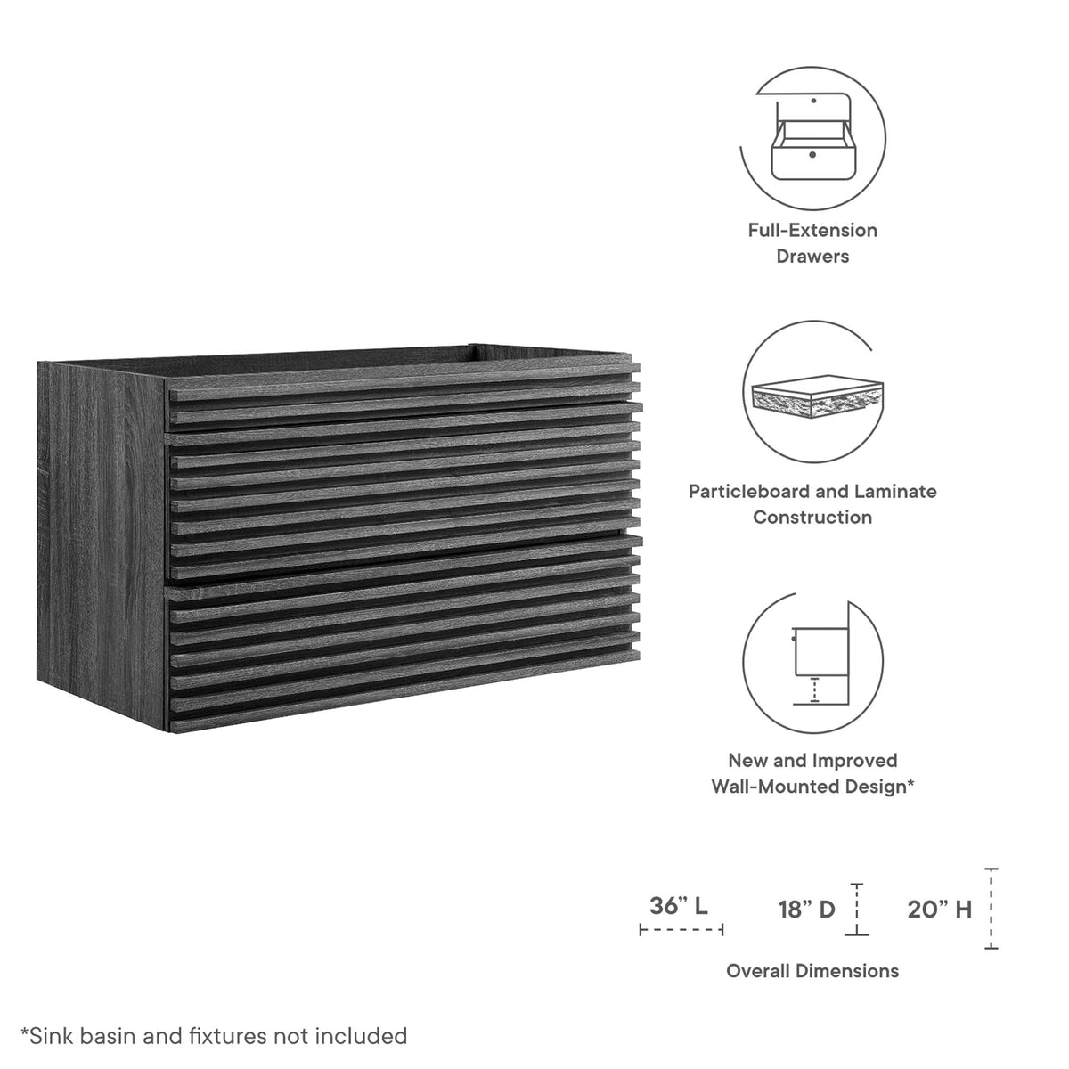 Render 36" Wall-Mount Bathroom Vanity Cabinet by Modway