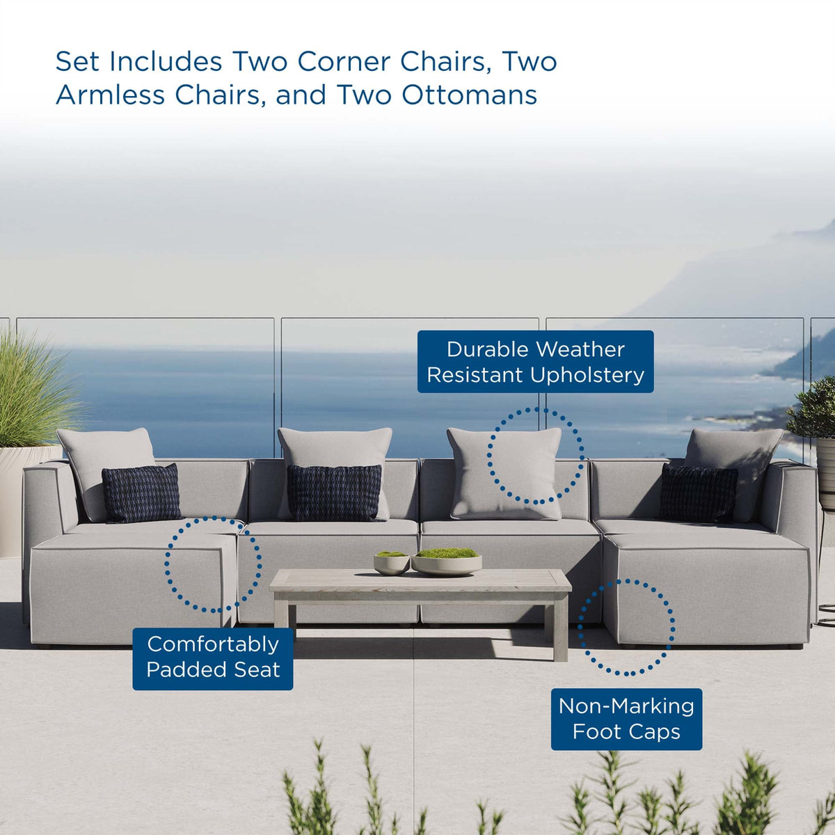 Saybrook 6-Piece Outdoor Patio Upholstered Sectional Sofa by Modway - Gray / Navy / White (EEI-4383)