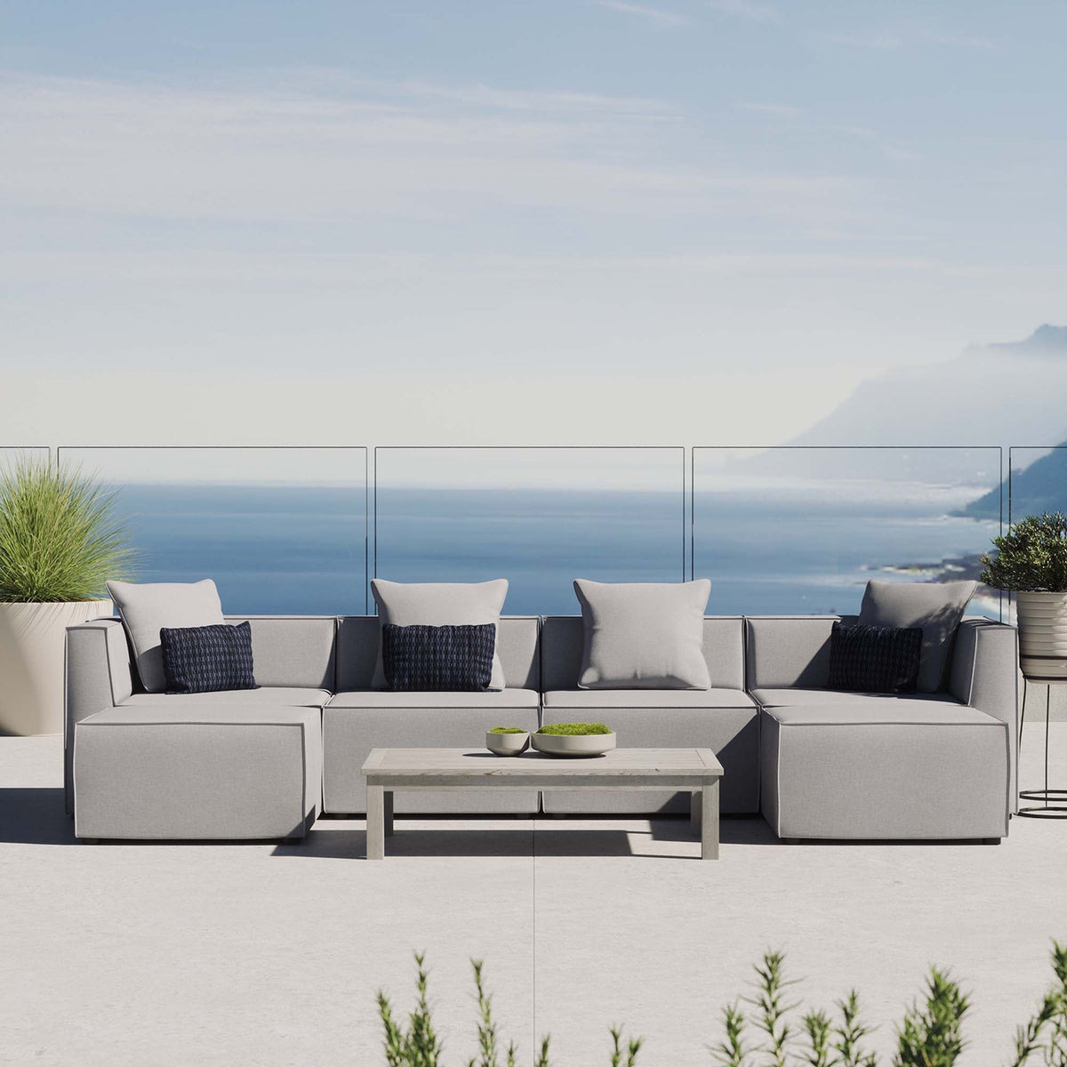 Saybrook 6-Piece Outdoor Patio Upholstered Sectional Sofa by Modway - Gray / Navy / White (EEI-4383)