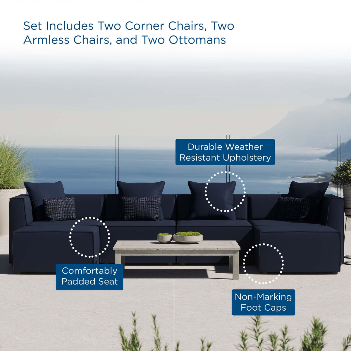 Saybrook 6-Piece Outdoor Patio Upholstered Sectional Sofa by Modway - Gray / Navy / White (EEI-4383)
