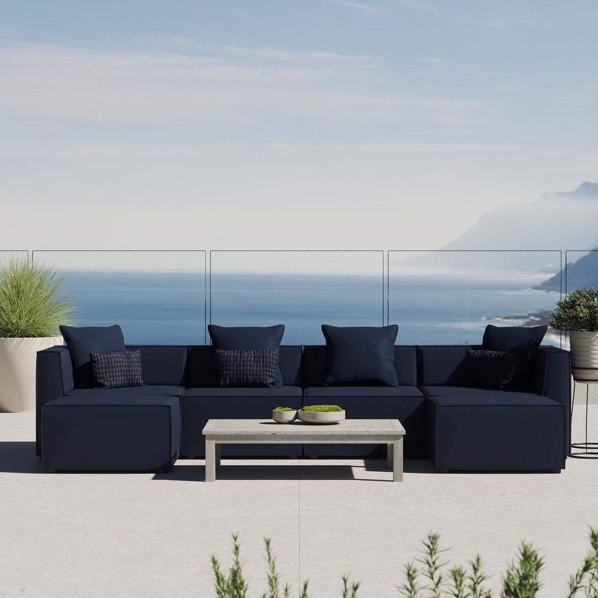 Saybrook 6-Piece Outdoor Patio Upholstered Sectional Sofa by Modway - Gray / Navy / White (EEI-4383)
