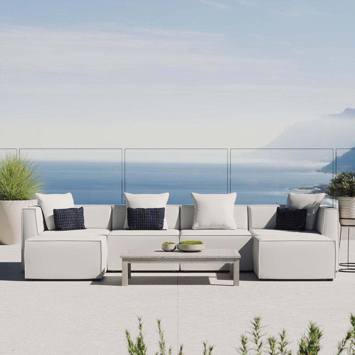 Saybrook 6-Piece Outdoor Patio Upholstered Sectional Sofa by Modway - Gray / Navy / White (EEI-4383)