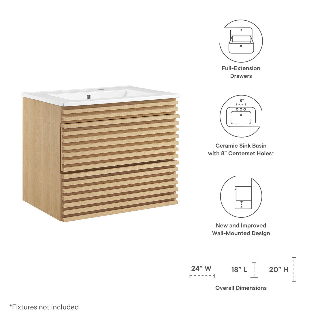 Render 24" Wall-Mount Bathroom Vanity by Modway - Charcoal White / Oak White / Walnut White