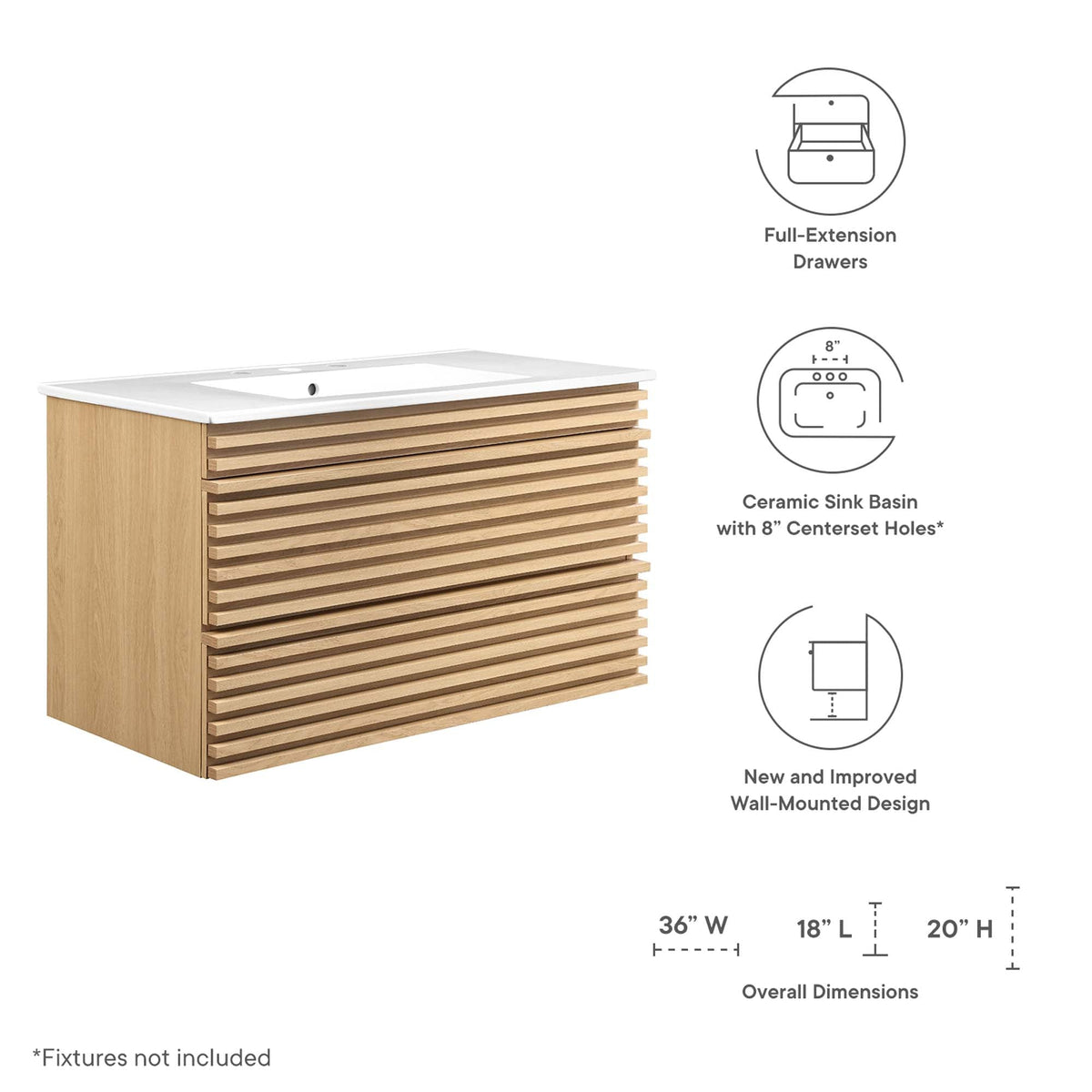 Render 36" Wall-Mount Bathroom Vanity by Modway - Charcoal White / Oak White / Walnut White