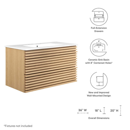 Render 36" Wall-Mount Bathroom Vanity by Modway - Charcoal White / Oak White / Walnut White