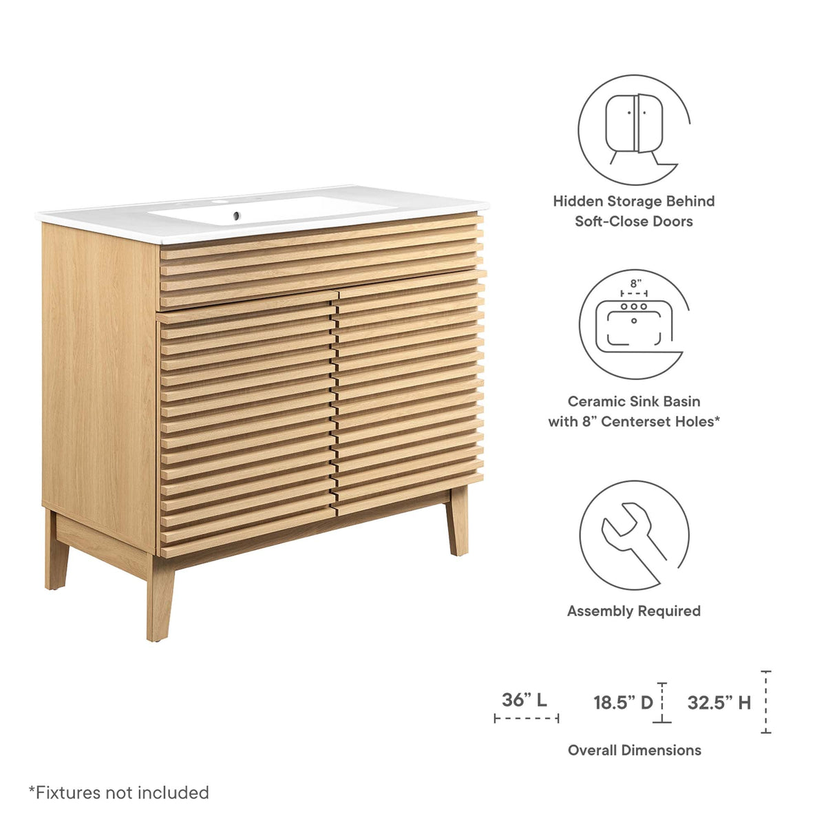 Render 36" Bathroom Vanity by Modway - Charcoal White / Oak White / Walnut White