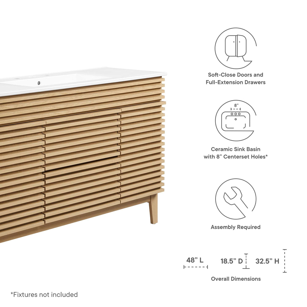 Render 48" Single Sink Bathroom Vanity by Modway - Oak White / Walnut White