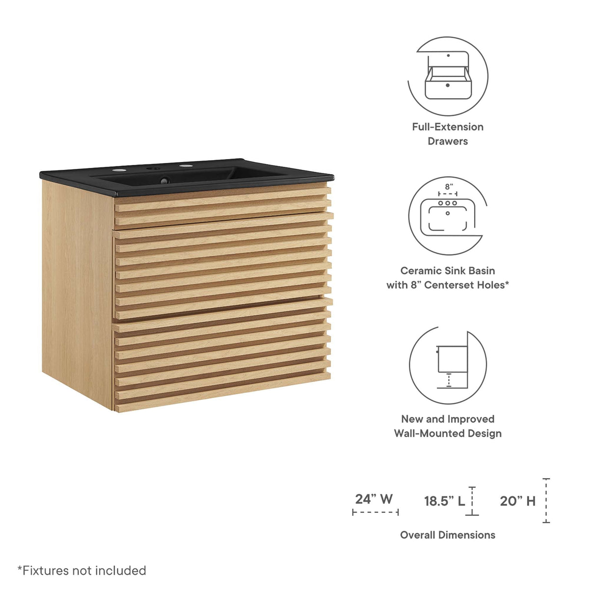 Render 24" Wall-Mount Bathroom Vanity by Modway - Charcoal Black / Oak Black / Walnut Black