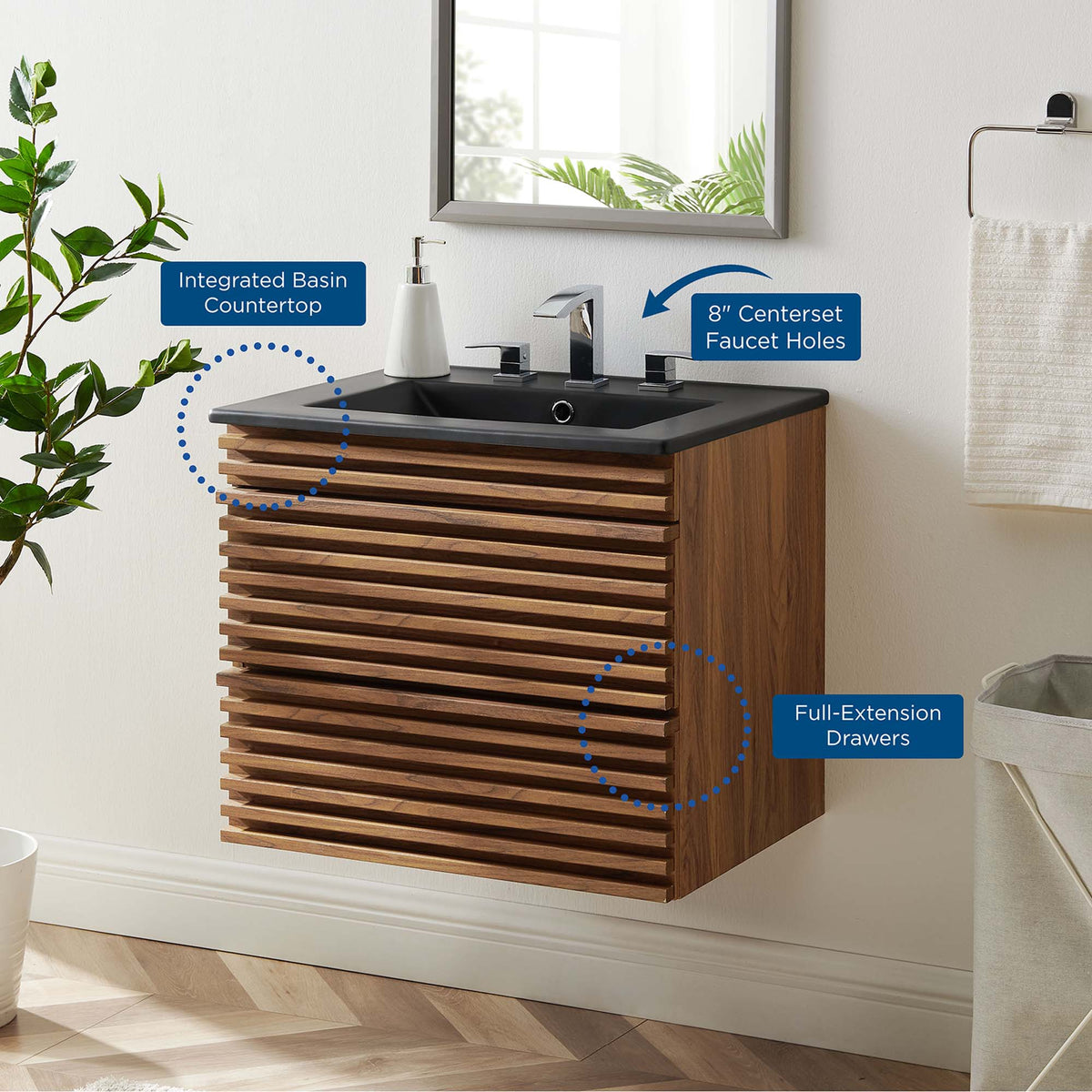 Render 24" Wall-Mount Bathroom Vanity by Modway - Charcoal Black / Oak Black / Walnut Black