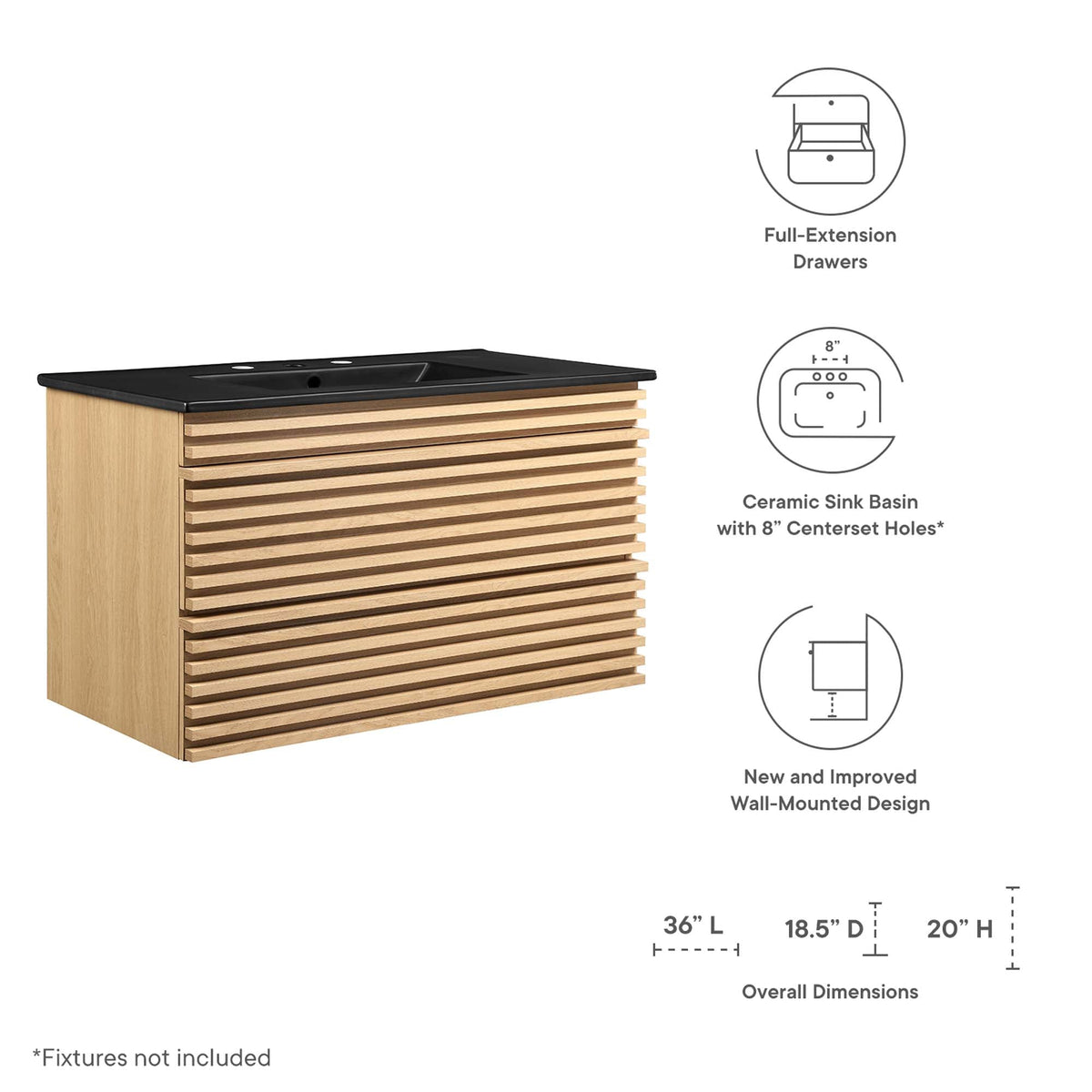 Render 36" Wall-Mount Bathroom Vanity by Modway - Charcoal Black / Oak Black / Walnut Black